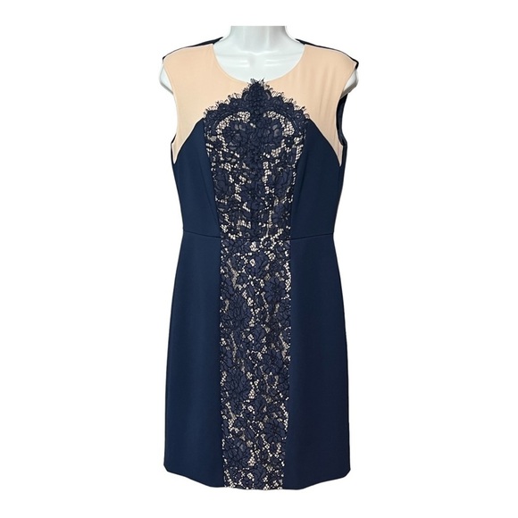 Donna Morgan Floral Lace Sheath Dress Navy Tan Color Block Midi Wedding Guest - Picture 1 of 10